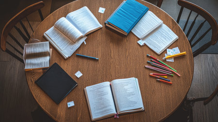Top view of a round table with grouped study tools, highlighters, sticky tabs, and exam notesの素材
