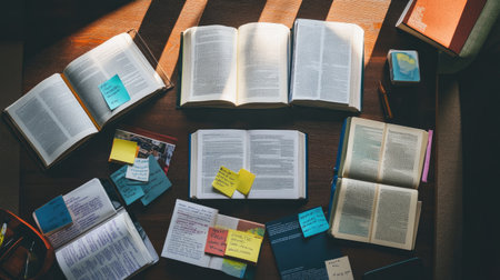 Top view of a study session with multiple open books, notebooks, and colorful sticky notes on a wooden surfaceの素材