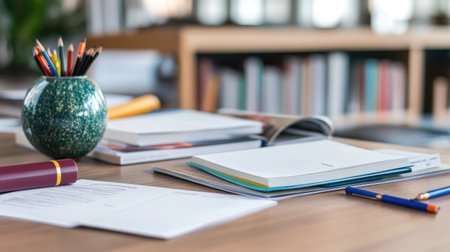 Table setup with language learning flashcards, grammar books, and a study planner for student revisionの素材
