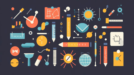 Study illustrations of subject categories like math, science, language in colorful flat iconsの素材