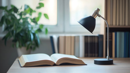 Study area featuring open literature books, bookmarks, and a vintage desk lamp in a cozy cornerの素材