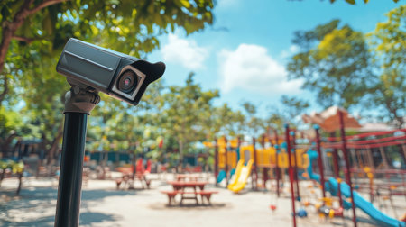 Surveillance camera mounted high on pole in green park showing empty playground and picnic area, no people, safety techの素材