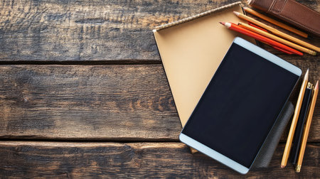 Study session layout with language workbook, tablet, and desk organizer in neat formationの素材