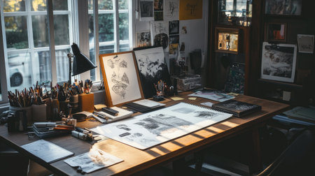 Study setup with creative tools including markers, drawing pad, notes, and inspiration boardの素材