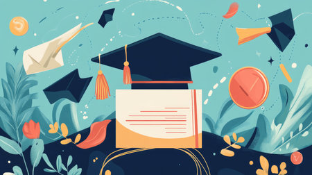 Vector illustration of graduation cap, diploma, and academic icons for student successの素材