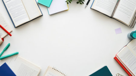 Study setup for test prep including textbooks, past papers, sticky notes, and pens on white deskの素材