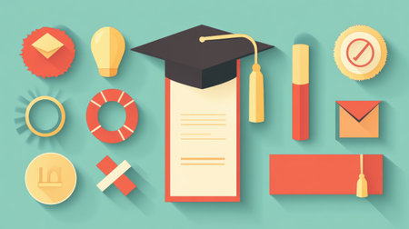 Vector illustration of graduation cap, diploma, and academic icons for student successの素材