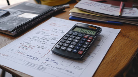 Study table with math formulas on paper, calculator, and reference books creating a focused environmentの素材