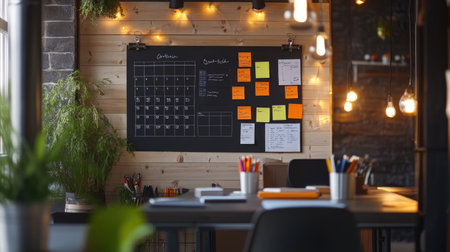 Workspace with wall calendar, study plan sheet, notes, and markers organized for weekly study goalsの素材