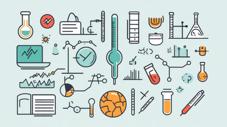 Cross-disciplinary research concept with blended icons from tech, biology, and chemistryの素材