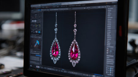 D rendering of earring design on CAD software screen in jewelry production studioの素材