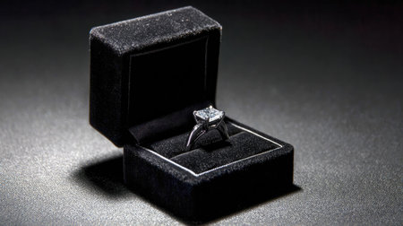 Black velvet jewelry box opened to present a stunning princess cut diamond ring with shimmerの素材