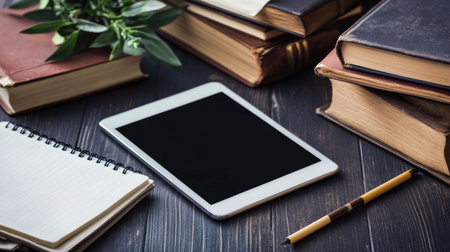 Study area with digital tablet, wireless keyboard, notebook, and stationery for tech-enhanced learningの素材