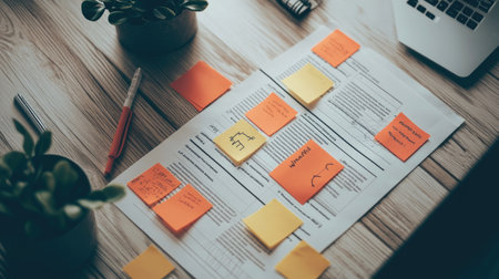 Learning strategy sheets and printed guides with concept maps spread on wooden workspaceの素材