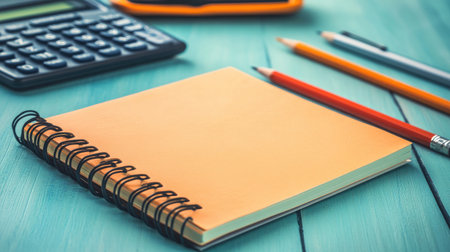Notebook with handwritten study notes, next to pencil case and calculator on a bright tabletopの素材