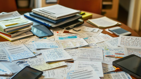 Organized learning environment with flashcards, study guides, and digital devices on a large tableの素材