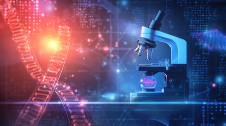 Illustration of biology research study with microscope, petri dish, and genome sequenceの素材