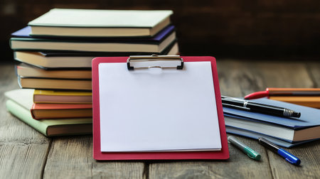 Subject overview study guide on clipboard next to stack of reference books and pensの素材
