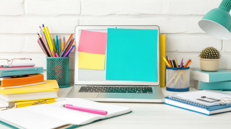 Tidy desk with laptop, motivational note, schedule planner, and reference books for structured studyingの素材