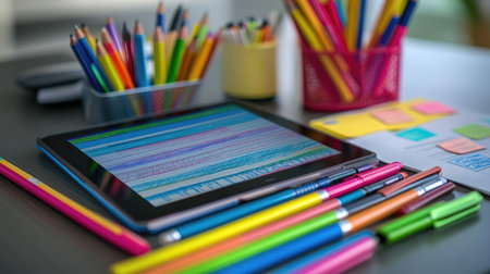 Study session layout with tablet displaying notes, sketchbook, colored pens, and sticky tabsの素材