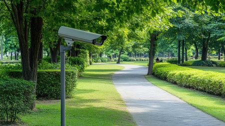 Modern CCTV camera in metallic casing mounted in green park with trimmed lawns and no people, outdoor public safety technology on sunny dayの素材
