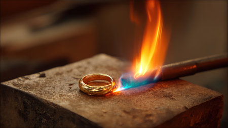 Close-up of a ring being shaped on a mandrel tool in a detailed production processの素材