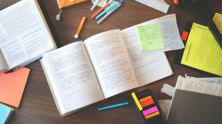 Top view of a study setup with handwritten notes, open textbooks, and colorful highlighters on a neat deskの素材