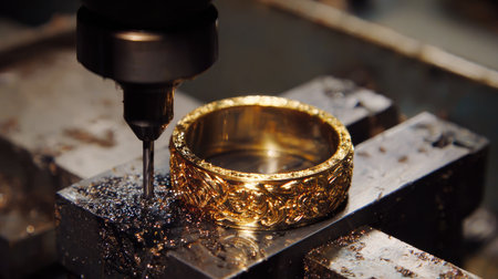 CNC machine carving intricate patterns into a gold ring blank with precisionの素材