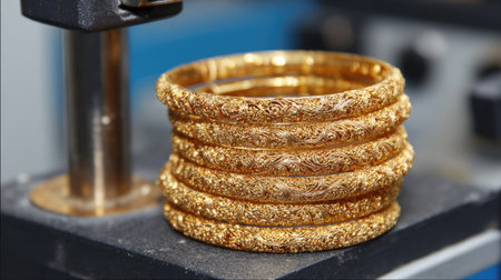 Burnished gold bangles stacked after quality inspection in a production environmentの素材