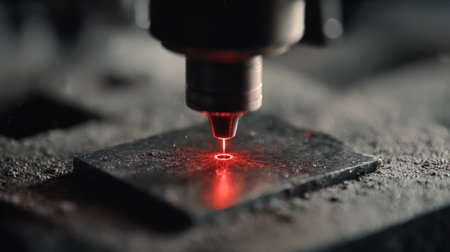 Close-up of red laser dot marking alignment before engraving on metal tagの素材