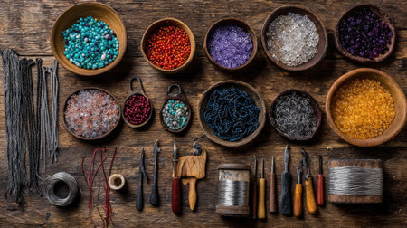Crafting table filled with beads, wires, and tools for handmade jewelry productionの素材
