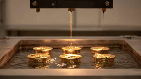 Electroplating station with suspended jewelry pieces undergoing gold coating processの素材