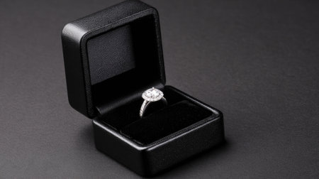 Diamond ring nestled in plush black velvet case with glossy finish and subtle shadowsの素材