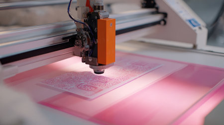 Flatbed laser engraver burning detailed graphic onto acrylic sheetの素材