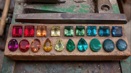 Heat-treated gemstones displayed next to raw stones for visual comparison in workshopの素材