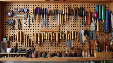 Organized pegboard with rows of precision jewelry hand tools and shaping aidsの素材