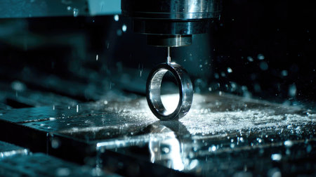 Polished ring resting on CNC bed after automated finishing passの素材