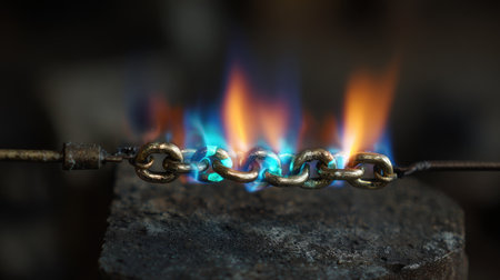 Row of soldered chain links cooling after assembly under heat torchの素材