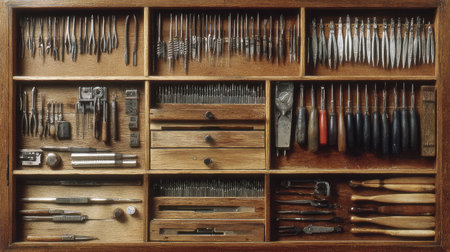 Organized layout of pliers, saw blades, and calipers for precision jewelry workの素材