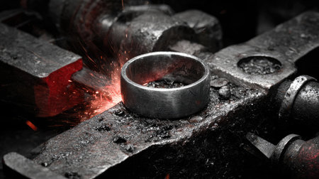 Ring held by clamp as engraving laser inscribes custom message inside bandの素材