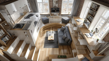 Compact apartment layout with smart space-saving design, multi-functional furniture, and modern decorの素材