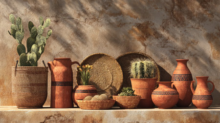 Boho corner with handmade basket decor, cacti, and terracotta potteryの素材