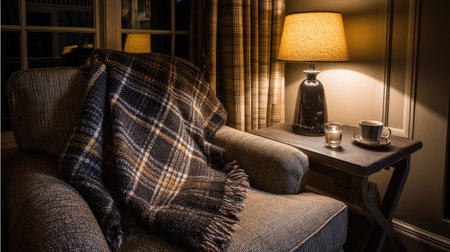 Cozy nook in living room styled with throw blanket, side table, and warm lightingの素材