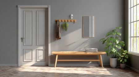 Entryway with a single bench, coat hook, and small mirror showcasing minimalist principlesの素材
