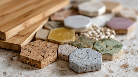 Eco-friendly materials like bamboo, cork, and recycled tile laid out for sustainable designの素材