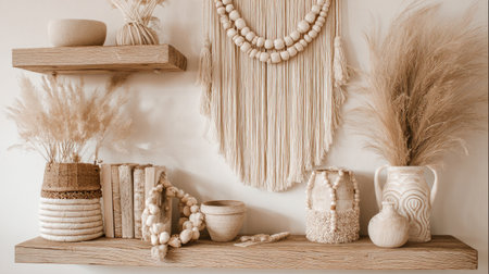 Handcrafted Boho accessories on floating shelves in a bright and relaxed interiorの素材