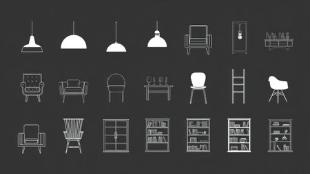 Icon set of home interior design elements such as lighting, seating, and shelving unitsの素材