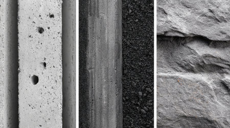 Industrial material samples including raw concrete, weathered metal, and stone texturesの素材