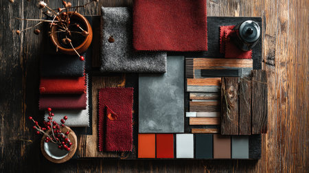 Interior design mood board with fabric swatches, wood textures, and paint samplesの素材
