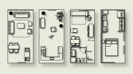 Icon collection for living, dining, kitchen, and bedroom layout representation in plansの素材